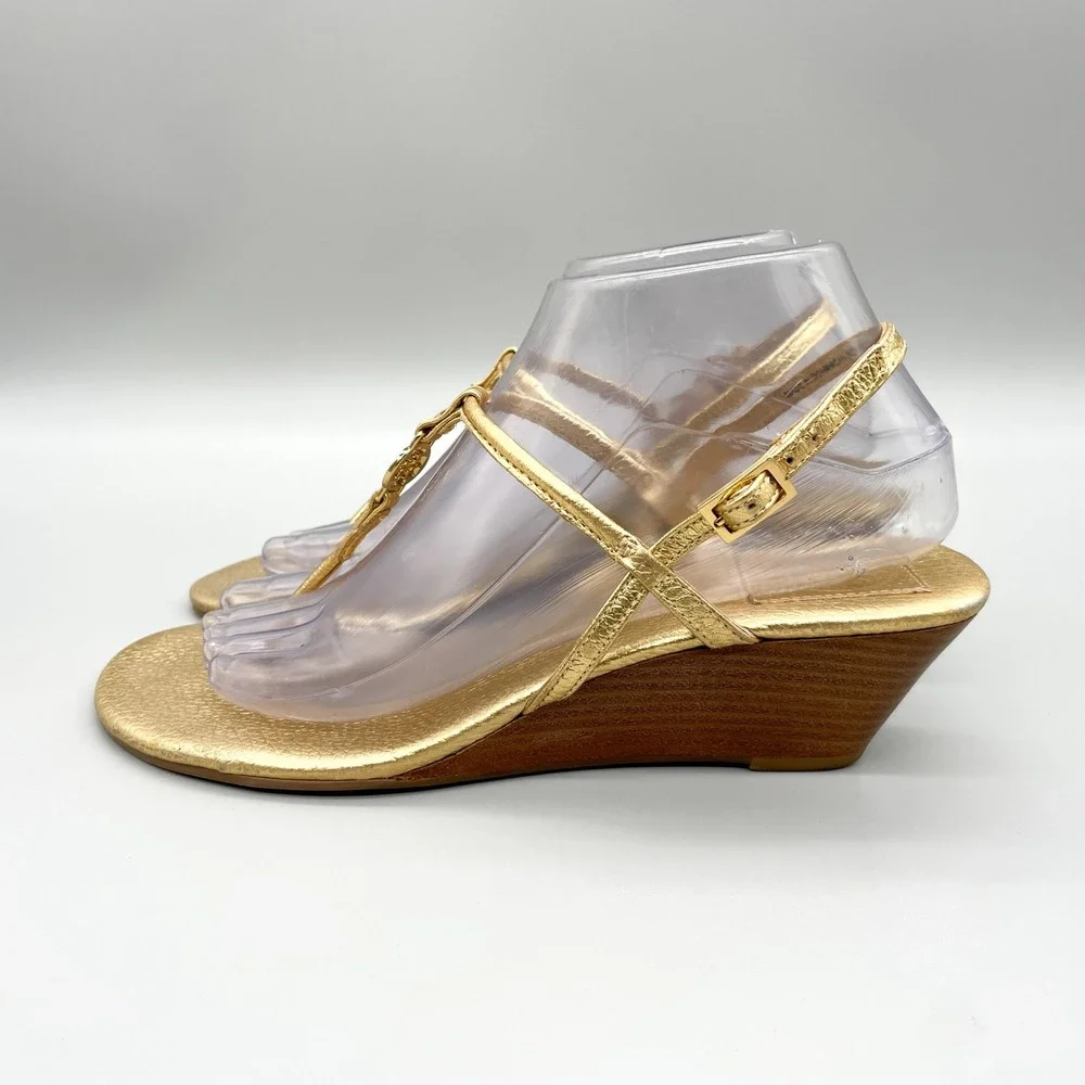 Tory Burch Womens 8.5 M Emmy Sandals Gold Leather Wedge Logo TStrap Slingback